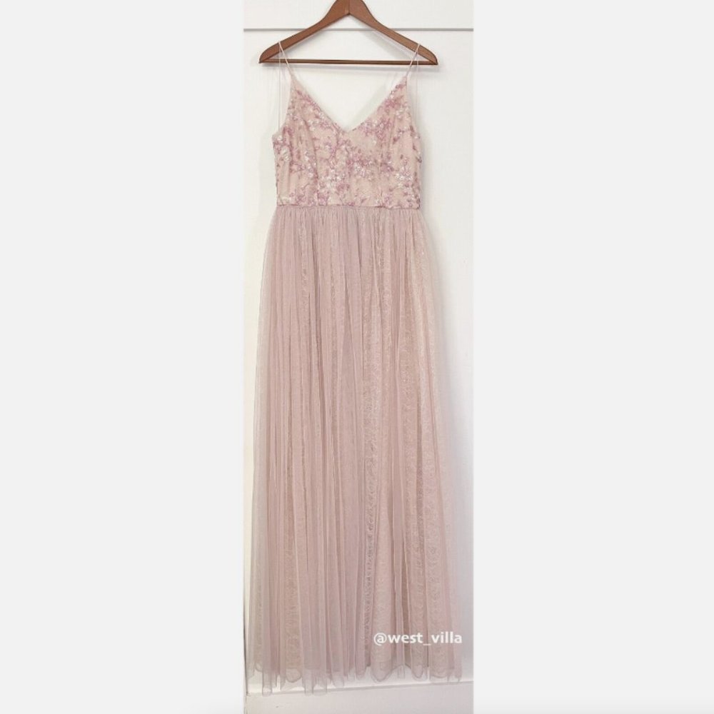 CLUNY DRESS Adrianna Papell Anthropologie Pink Sequined Embroidered Tulle - Picture 6 of 12